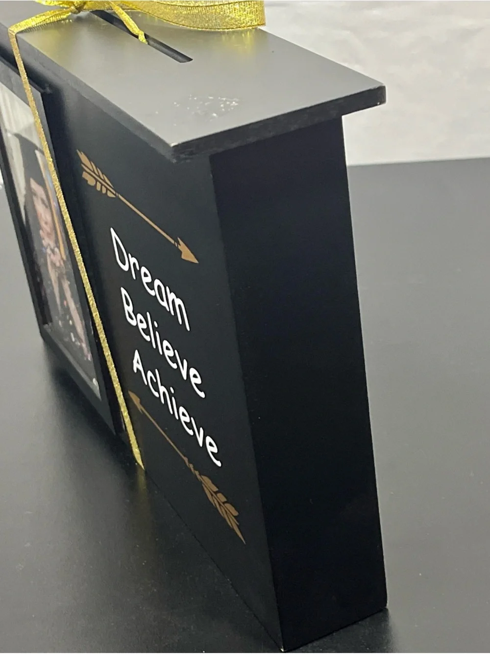 Black 'Dream Believe Achieve' Photo Money Box with Gold Ribbon